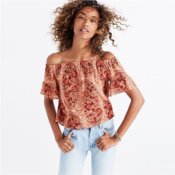 Madewell Silk Off The Shoulder Top In Watercolor Paisley Size XXS - Picture 3 of 9